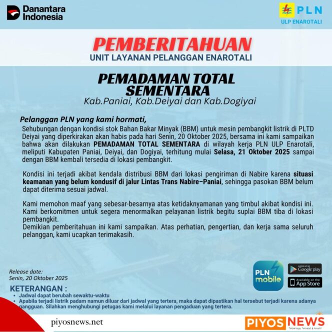 
					Stok BBM Habis, PLN ULP Enarotali Umumkan Pemadaman Total Sementara di Tiga Kabupaten 