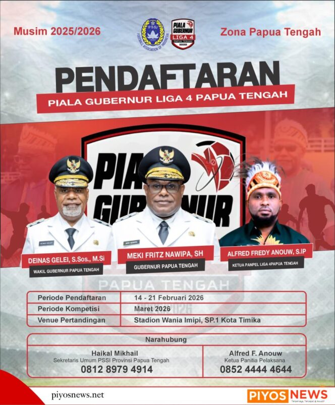 
					Maret 2026 Piala Gubernur Liga 4 Papua Tengah Akan Digelar di Timika, Panitia Telah Membuka Pendaftaran