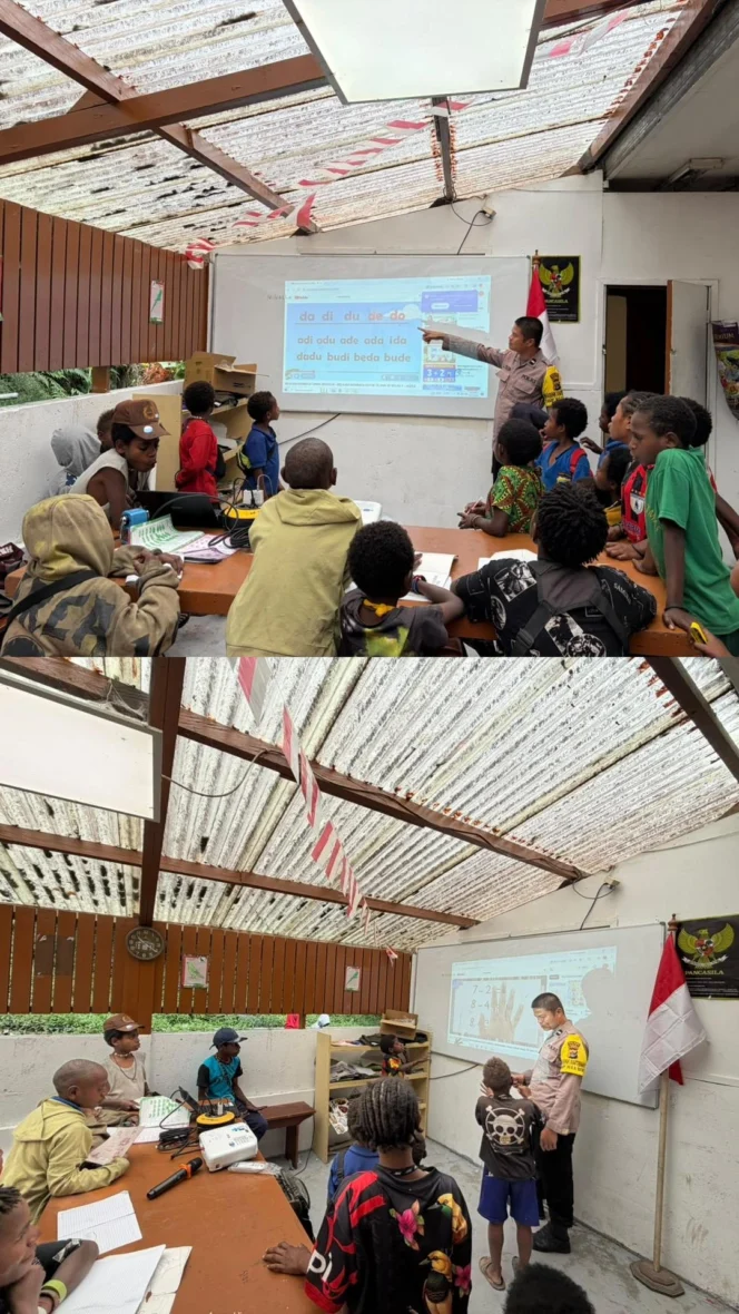 
					Di Tengah Keterbatasan, Polsek Tembagapura Terus Dampingi Anak-anak Belajar
